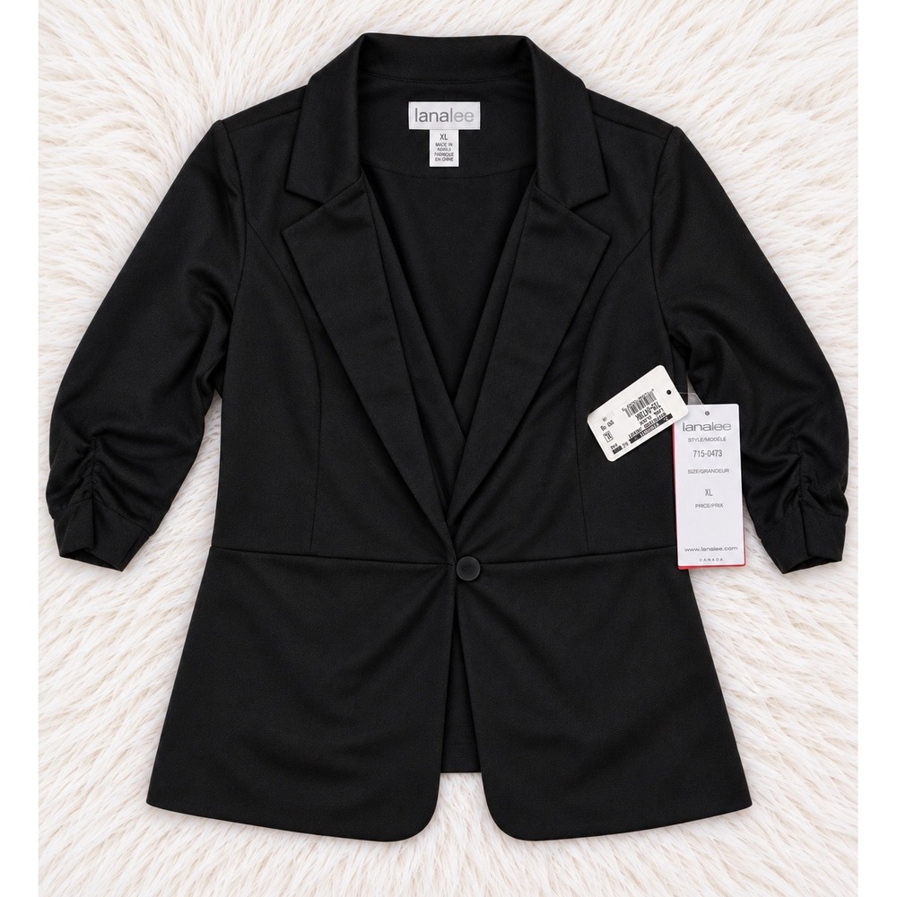 Lanalee Black Boyfriend Blazer Jacket Ruched 3/4 Sleeve Stretch Office XL NWT